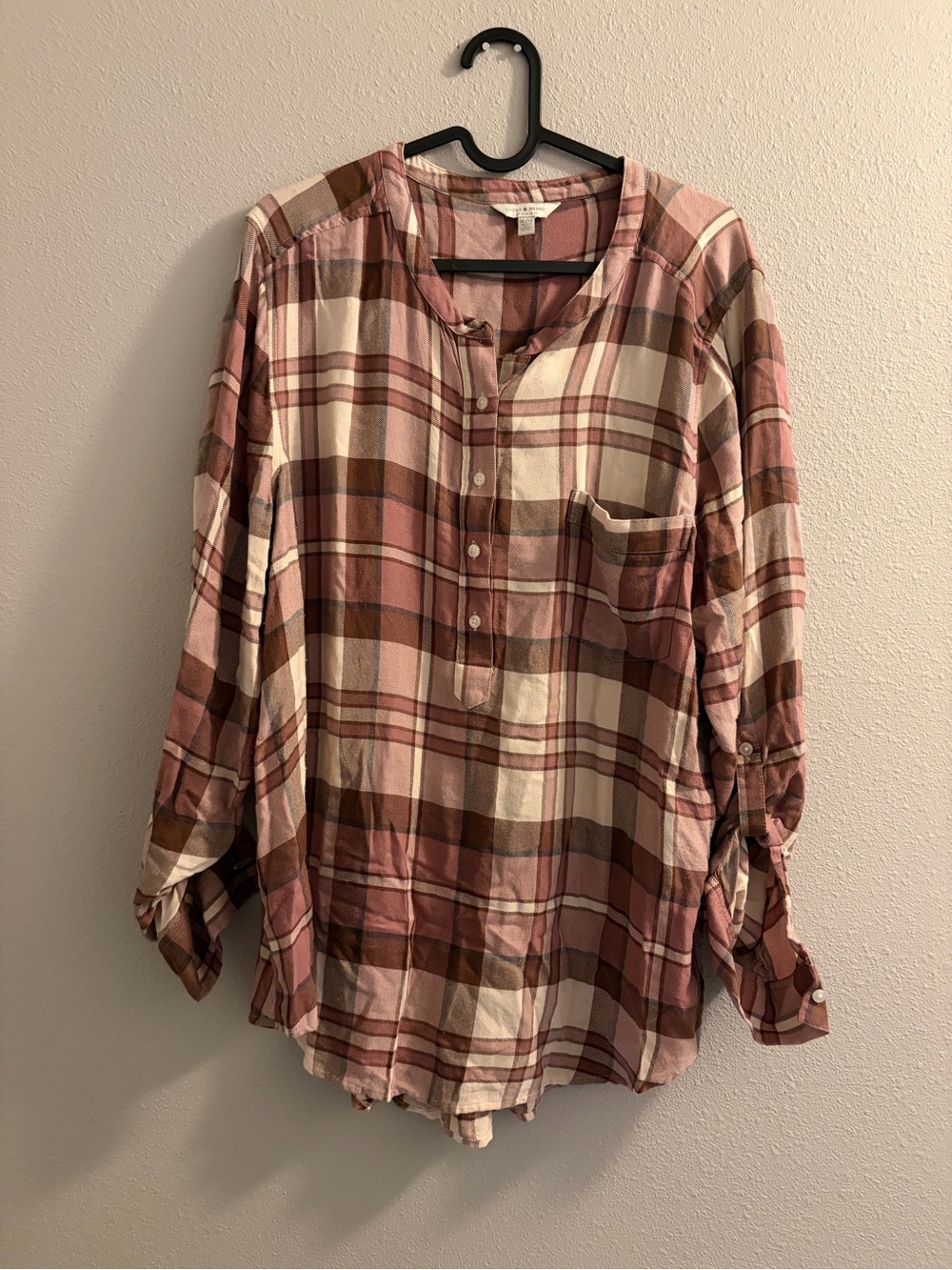 Lucky Brand Pink Brown Cream Plaid Button Down Shirt